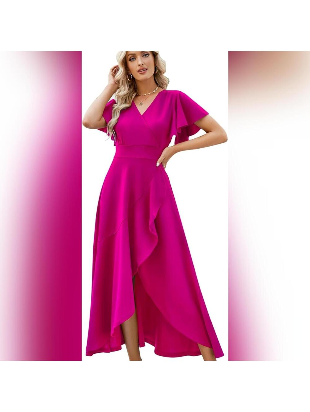 NWT ZZV Long Split Elegant V Neck Ruffle Formal Evening Party Dress, L (12-14)